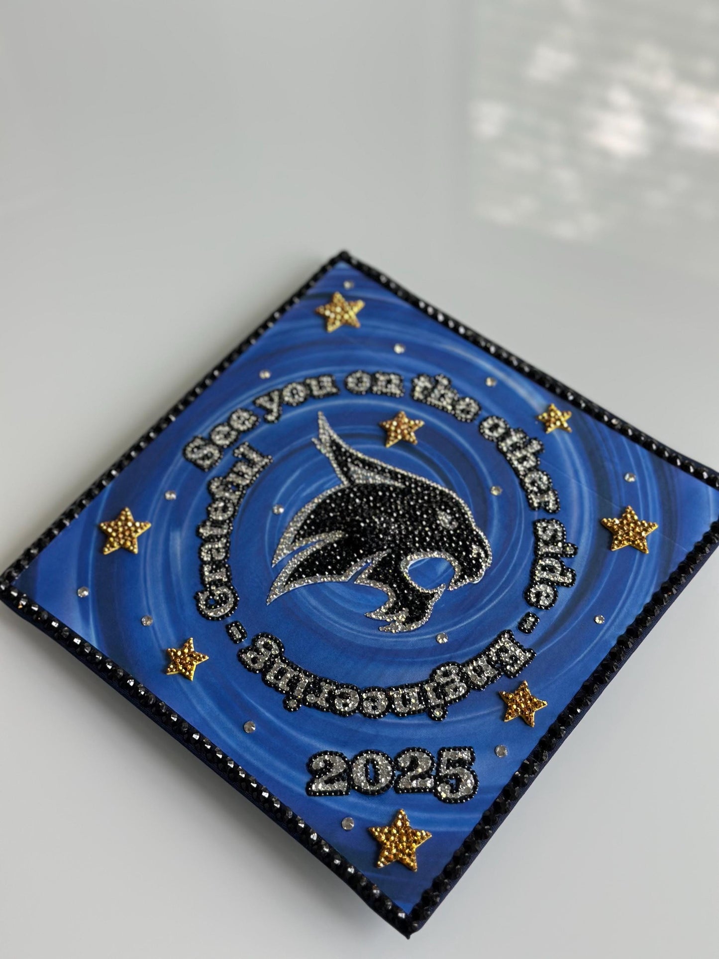 Custom Graduation cap topper | Rhinestones, flowers, text, bling | Personalized grad cap topper | Handmade Cap Decoration