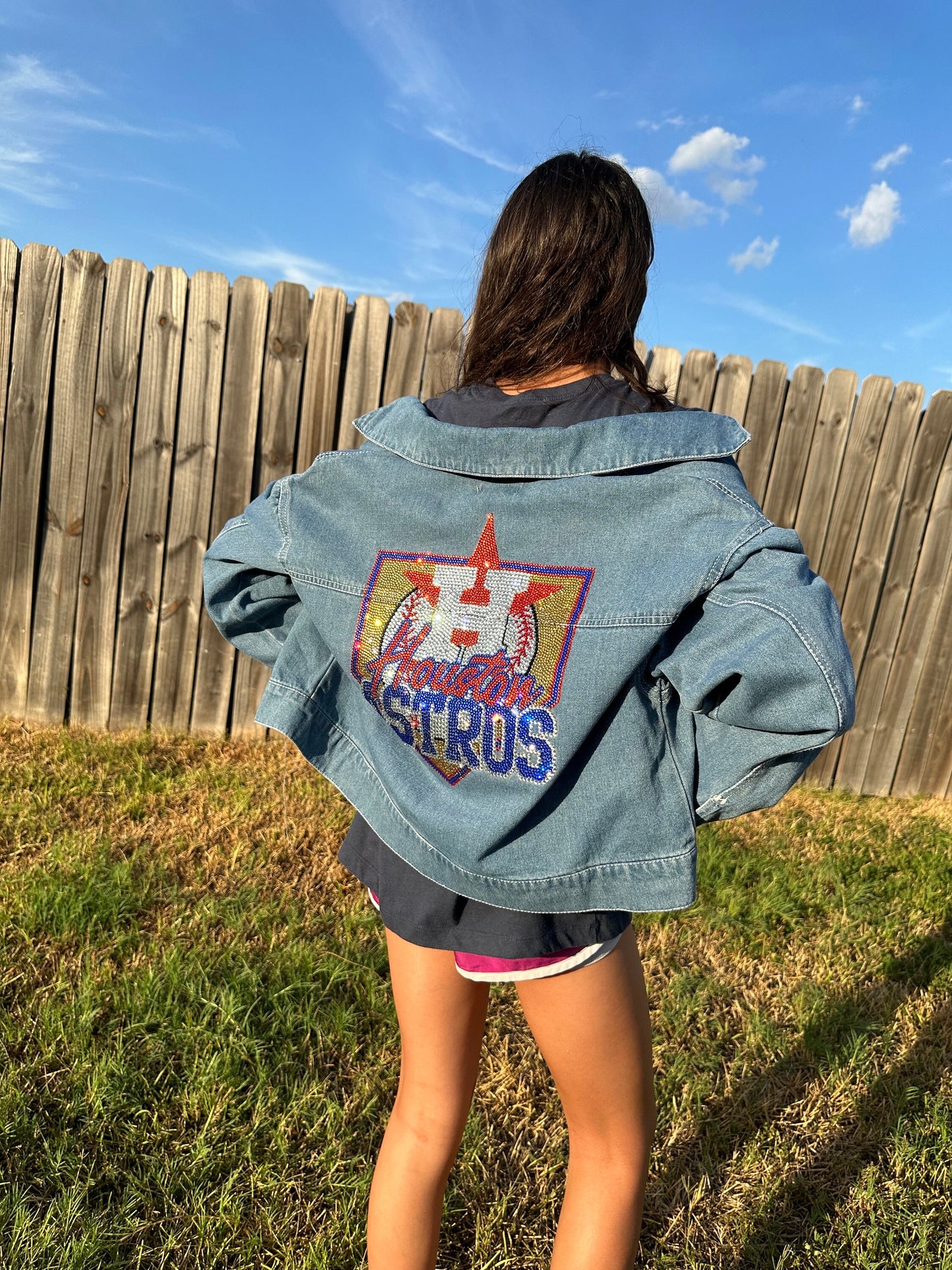 Chaqueta vaquera con adornos de los Astros, mezclilla con adornos, béisbol con adornos, adornos unisex, chaqueta con adornos para mujer, Astros Houston, béisbol