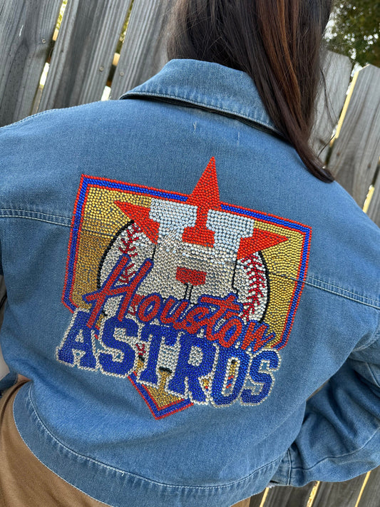 Chaqueta vaquera con adornos de los Astros, mezclilla con adornos, béisbol con adornos, adornos unisex, chaqueta con adornos para mujer, Astros Houston, béisbol