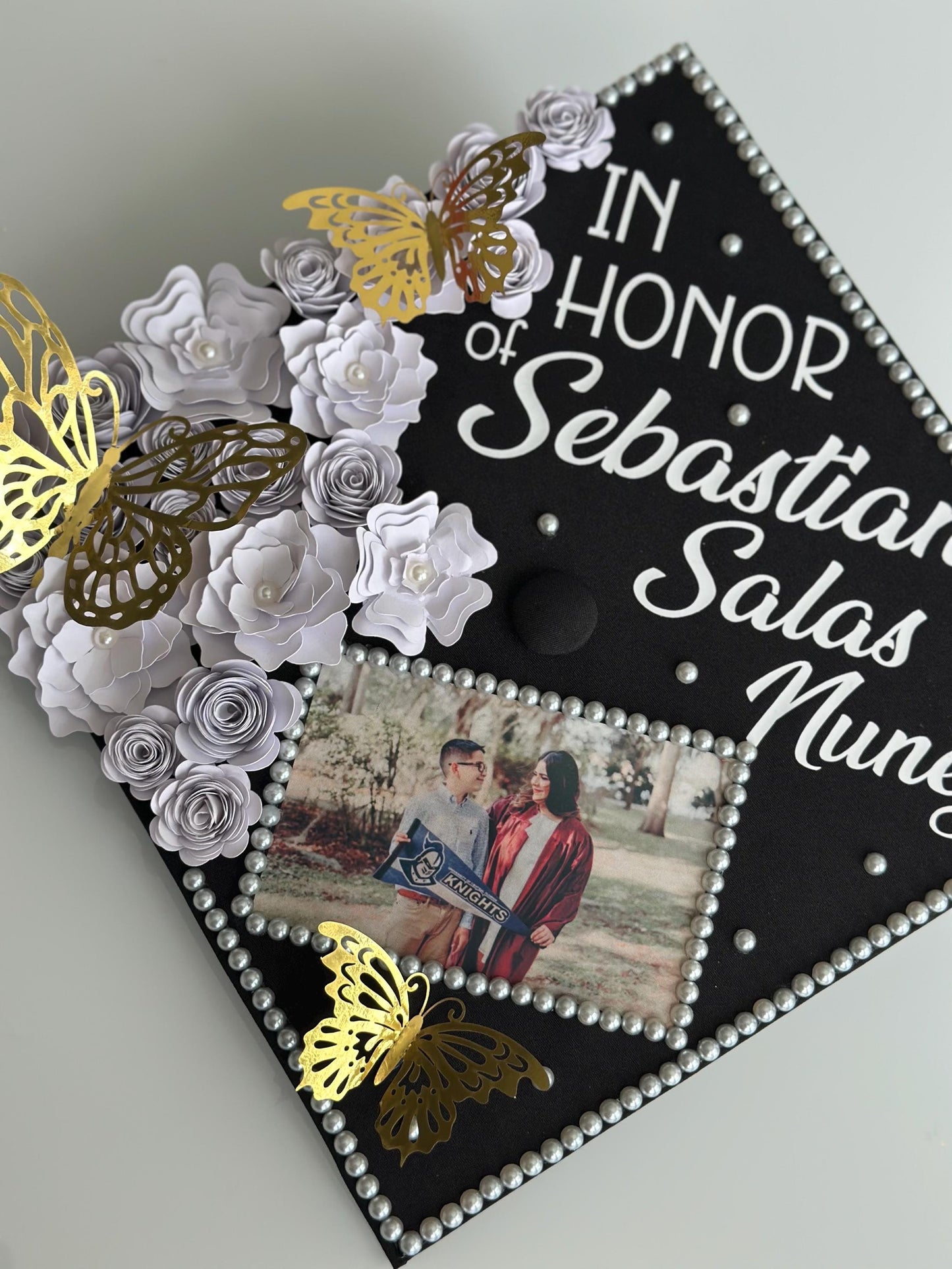 Custom Graduation cap topper | Rhinestones, flowers, text, bling | Personalized grad cap topper | Handmade Cap Decoration