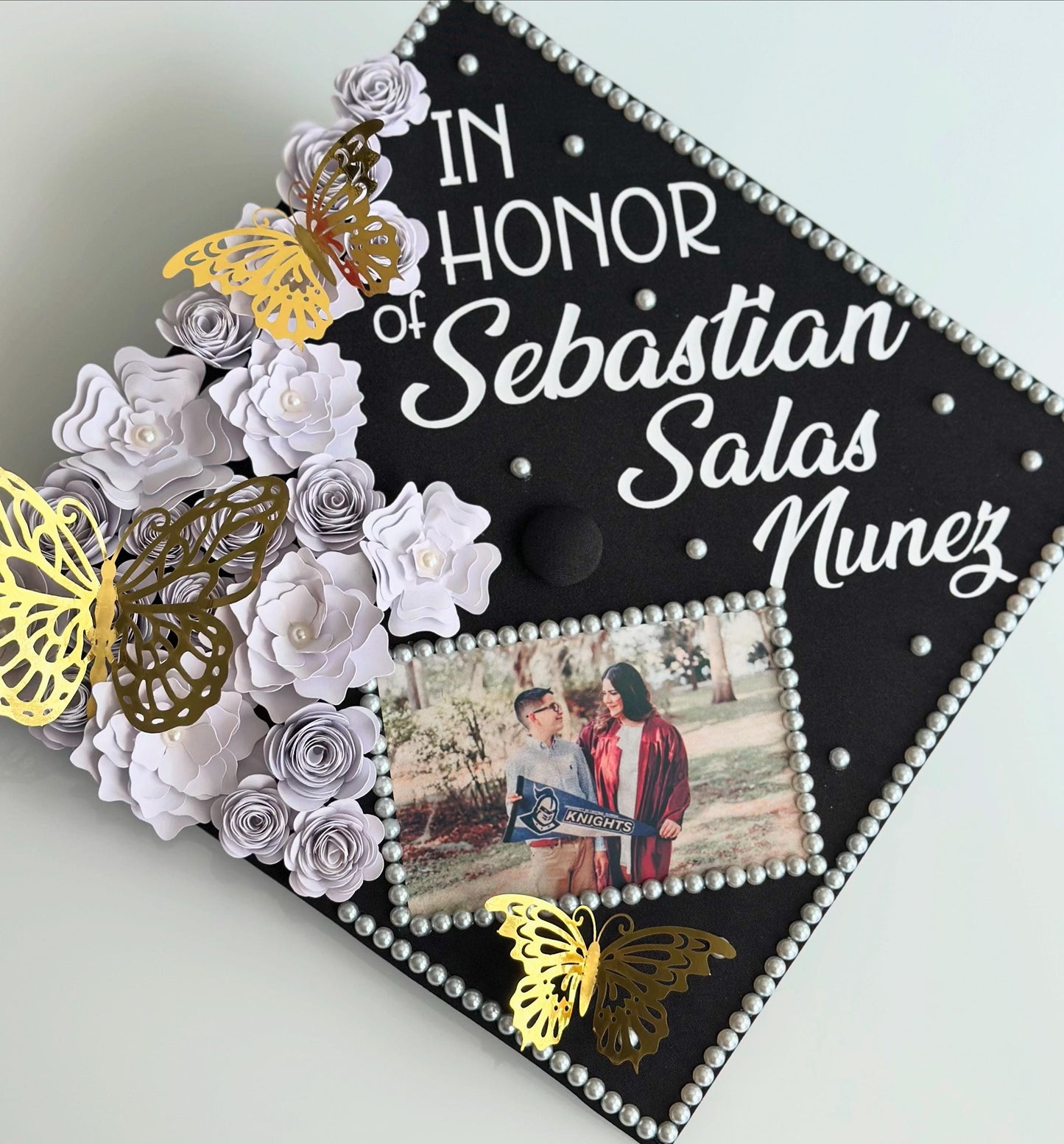 Custom Graduation cap topper | Rhinestones, flowers, text, bling | Personalized grad cap topper | Handmade Cap Decoration
