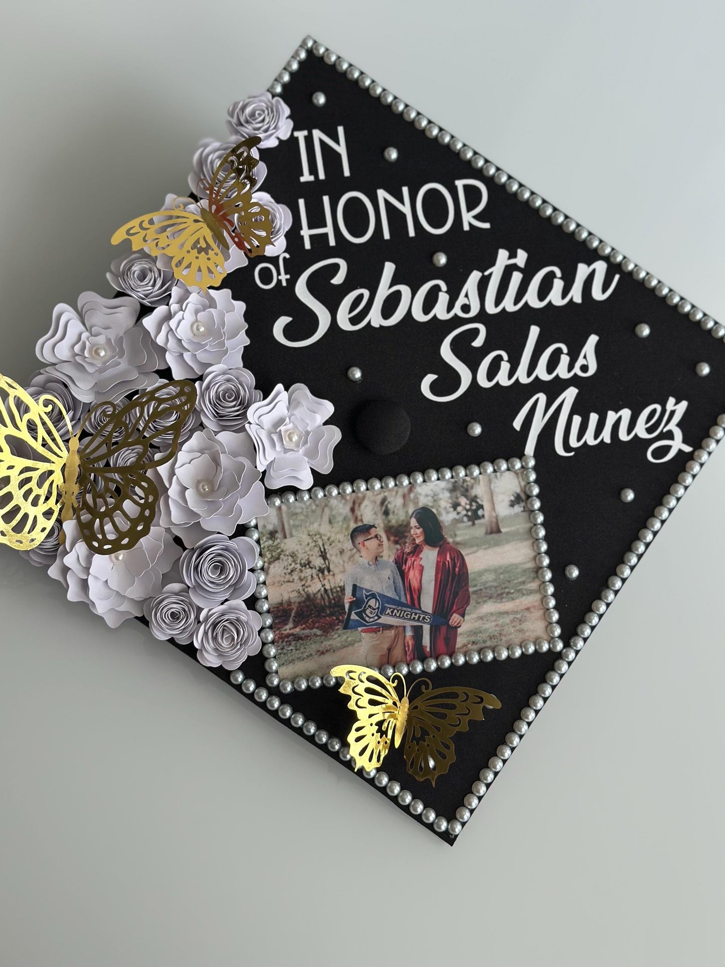 Custom Graduation cap topper | Rhinestones, flowers, text, bling | Personalized grad cap topper | Handmade Cap Decoration
