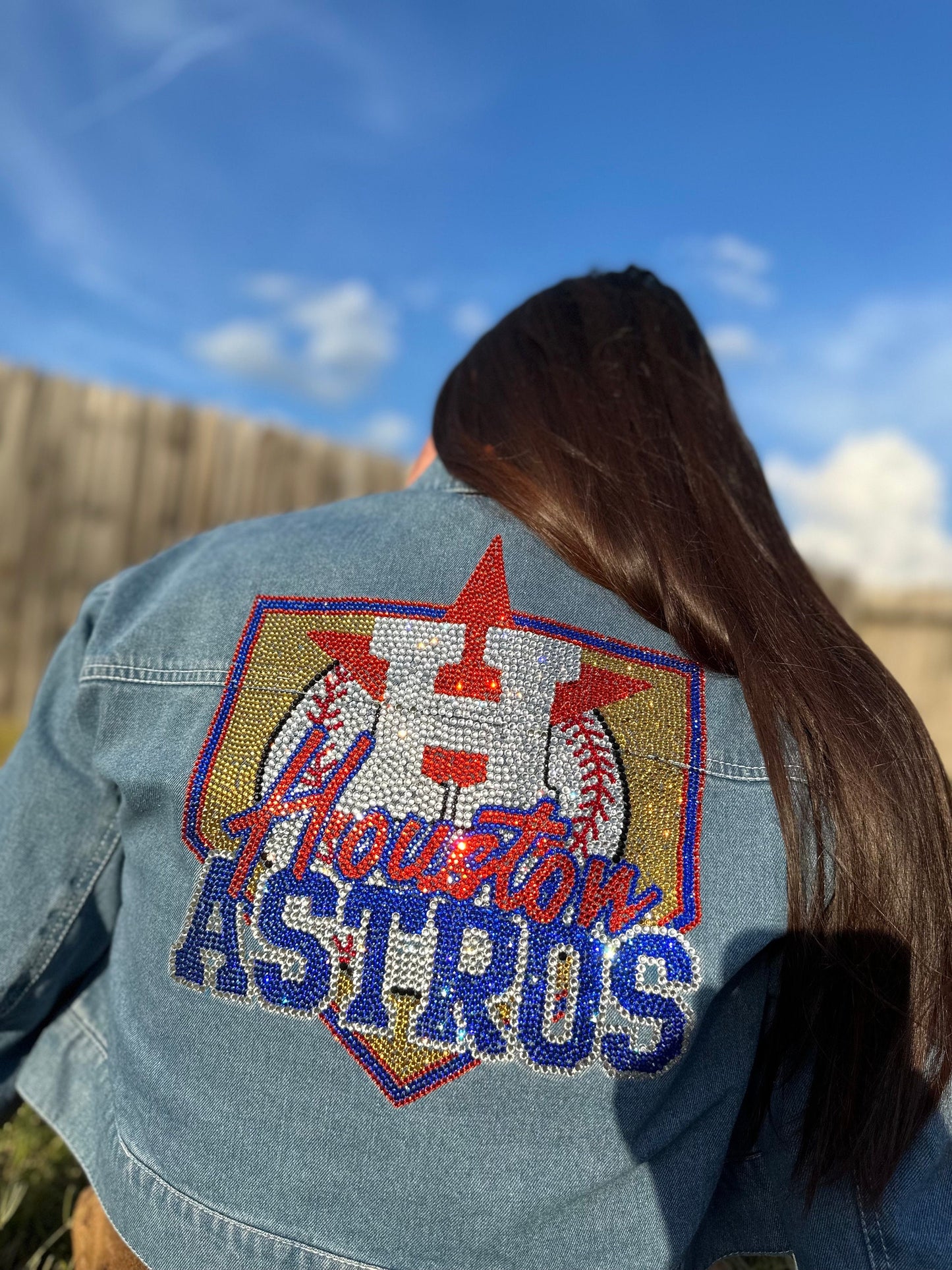 Chaqueta vaquera con adornos de los Astros, mezclilla con adornos, béisbol con adornos, adornos unisex, chaqueta con adornos para mujer, Astros Houston, béisbol
