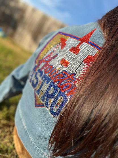Chaqueta vaquera con adornos de los Astros, mezclilla con adornos, béisbol con adornos, adornos unisex, chaqueta con adornos para mujer, Astros Houston, béisbol