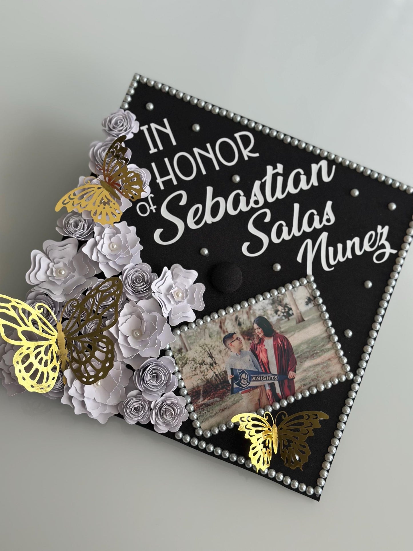 Custom Graduation cap topper | Rhinestones, flowers, text, bling | Personalized grad cap topper | Handmade Cap Decoration