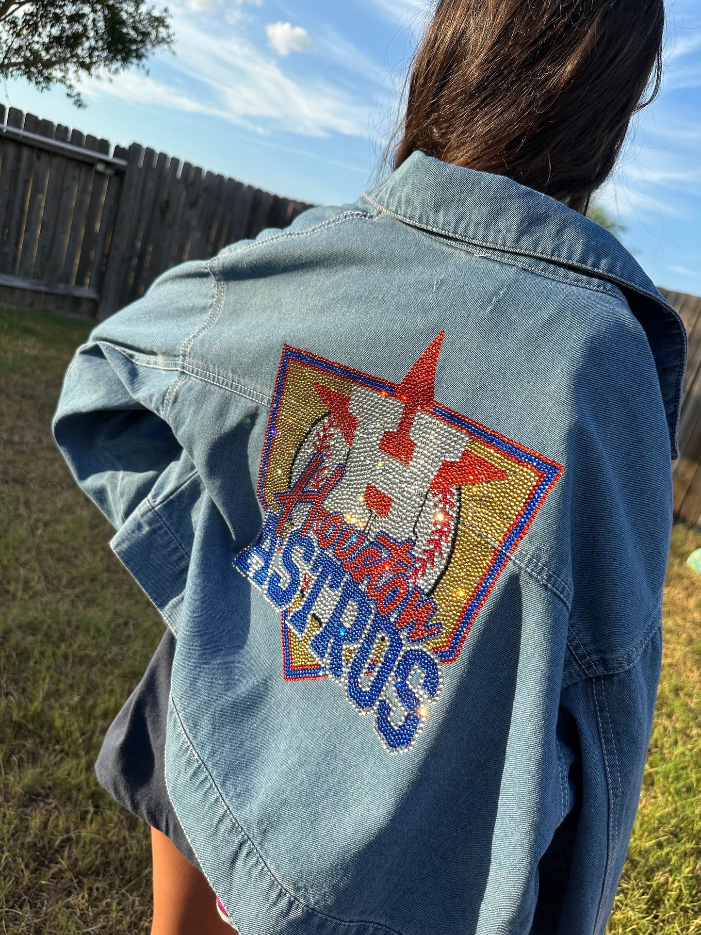 Chaqueta vaquera con adornos de los Astros, mezclilla con adornos, béisbol con adornos, adornos unisex, chaqueta con adornos para mujer, Astros Houston, béisbol