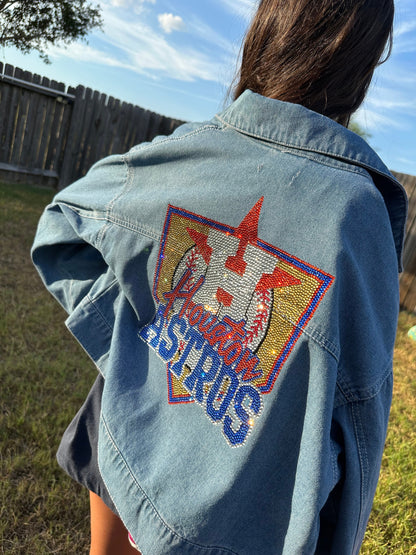 Chaqueta vaquera con adornos de los Astros, mezclilla con adornos, béisbol con adornos, adornos unisex, chaqueta con adornos para mujer, Astros Houston, béisbol