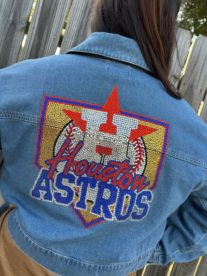 Chaqueta vaquera con adornos de los Astros, mezclilla con adornos, béisbol con adornos, adornos unisex, chaqueta con adornos para mujer, Astros Houston, béisbol