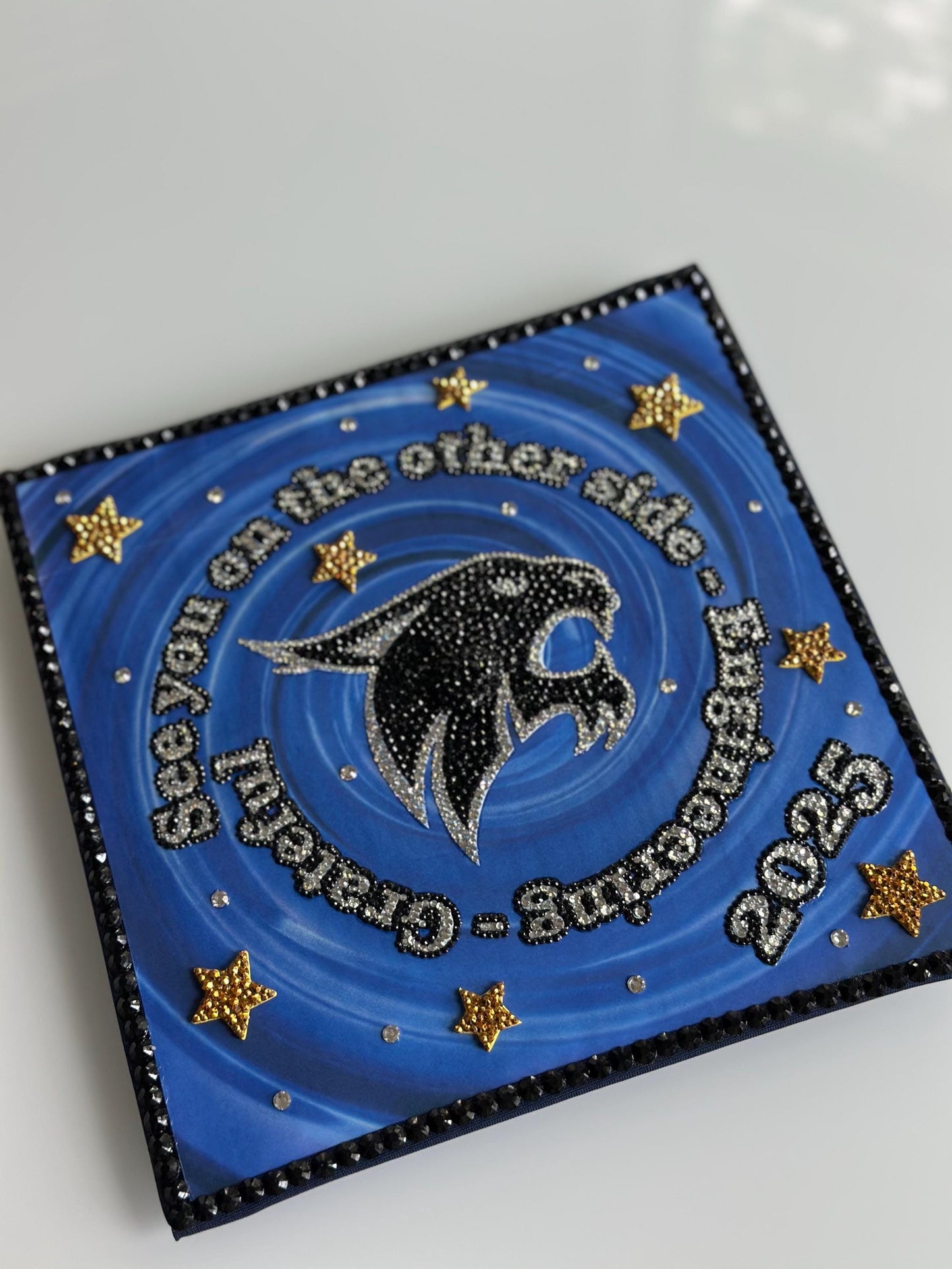 Custom Graduation cap topper | Rhinestones, flowers, text, bling | Personalized grad cap topper | Handmade Cap Decoration