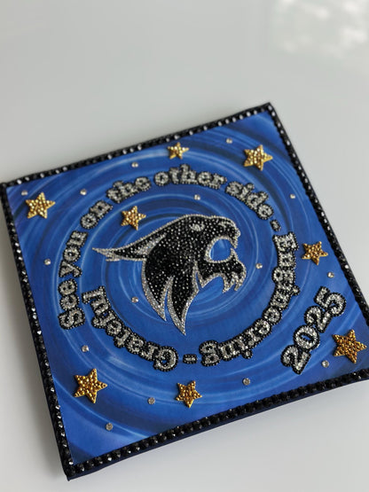 Custom Graduation cap topper | Rhinestones, flowers, text, bling | Personalized grad cap topper | Handmade Cap Decoration