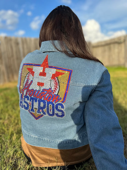 Chaqueta vaquera con adornos de los Astros, mezclilla con adornos, béisbol con adornos, adornos unisex, chaqueta con adornos para mujer, Astros Houston, béisbol