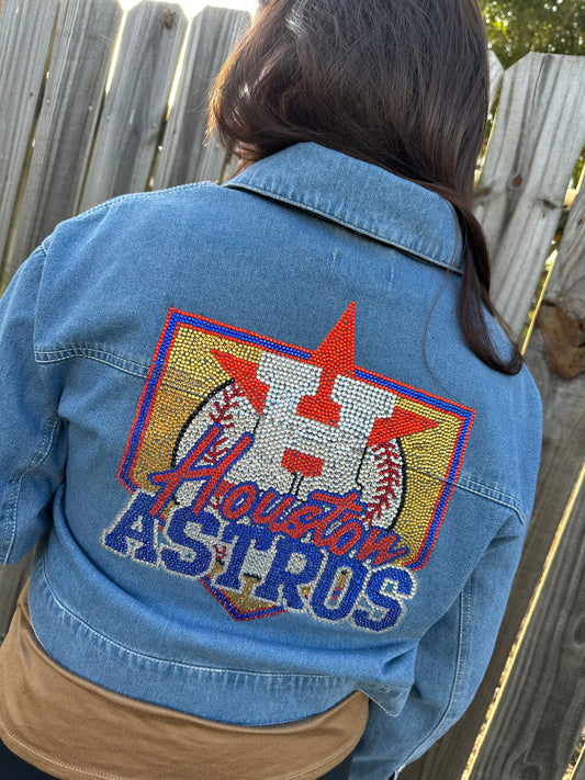 Chaqueta vaquera con adornos de los Astros, mezclilla con adornos, béisbol con adornos, adornos unisex, chaqueta con adornos para mujer, Astros Houston, béisbol